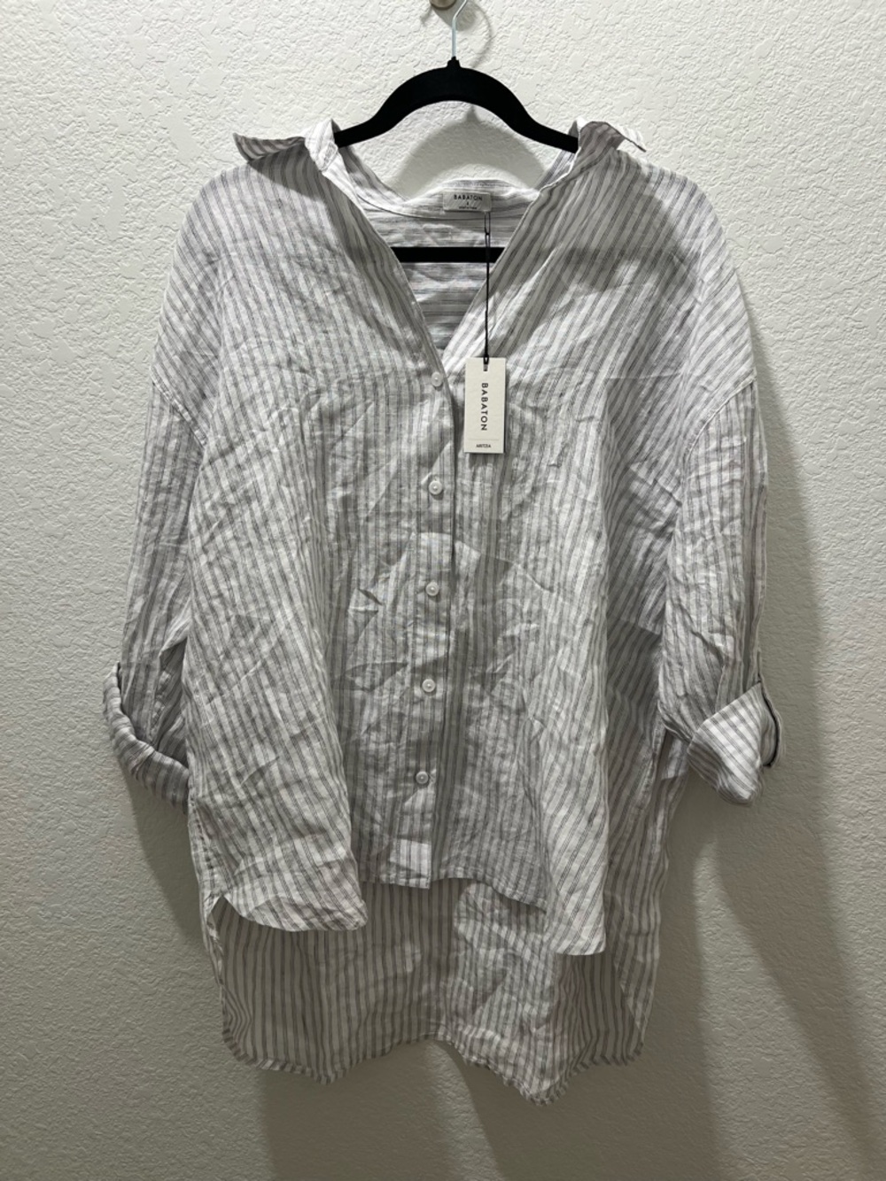 Babaton White and Gray Striped Button-Down Shirt